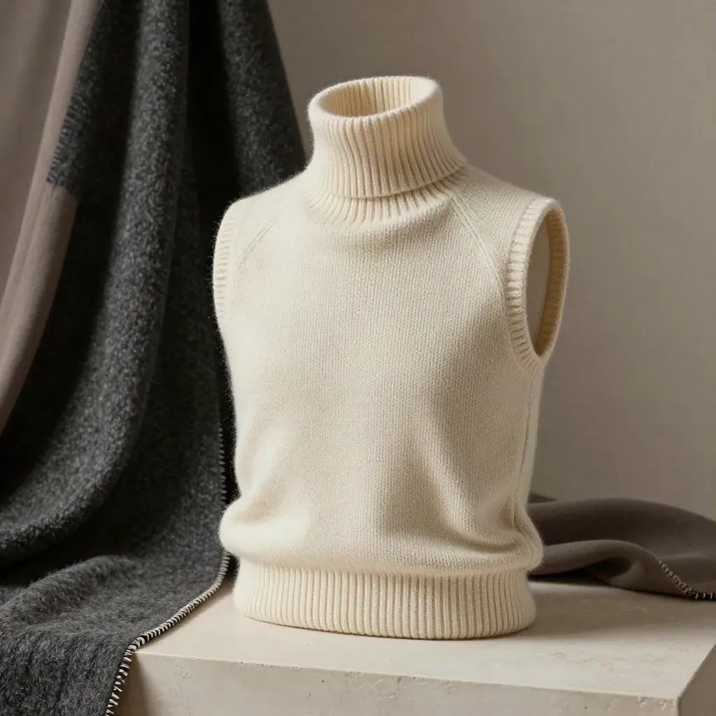 Ivory ribbed roll neck upright with charcoal and taupe fabric accents