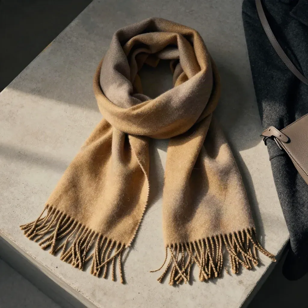 Overhead flatlay of a fringe wool scarf with coat cuff and bag strap on pale concrete