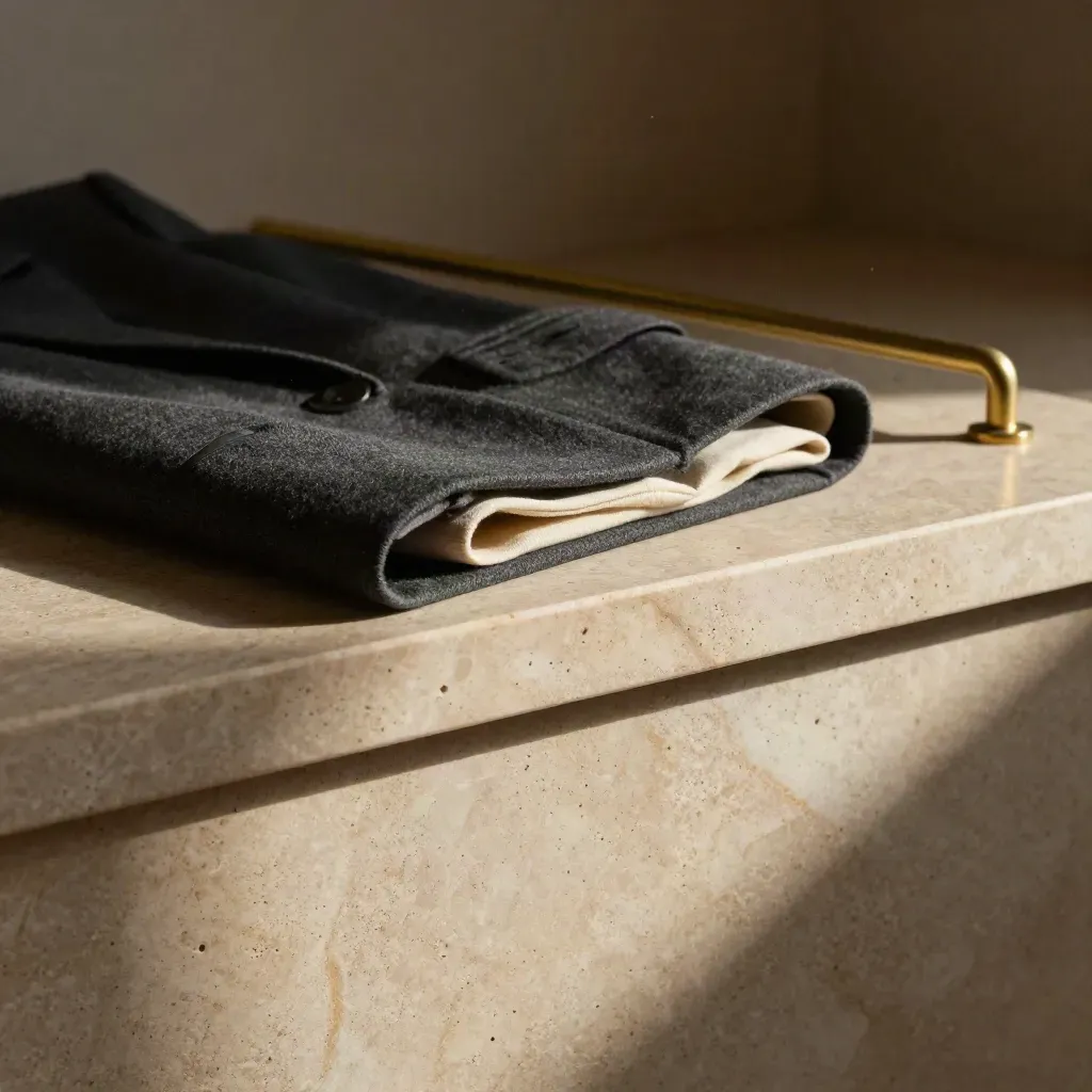 Travertine ledge with folded blazer sleeve and brass rail blur in soft morning light