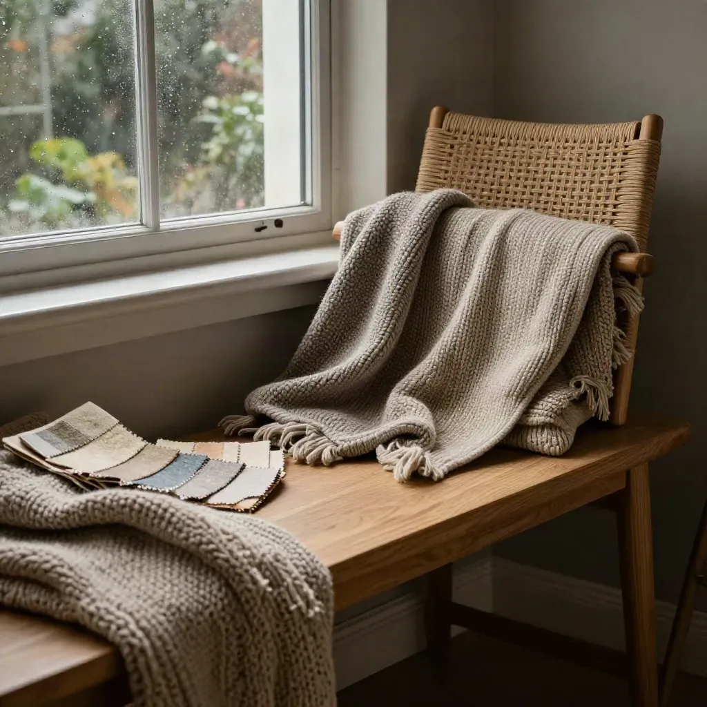 Rain-soft reading nook with chunky knits, wool swatches and a woven chair back in a calm interior.