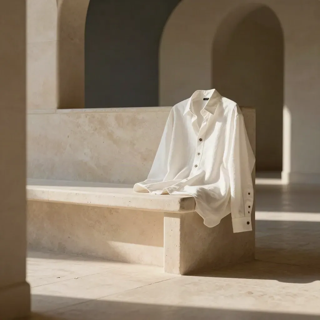Sunlit limestone corridor with a pale shirt drape on a stone bench