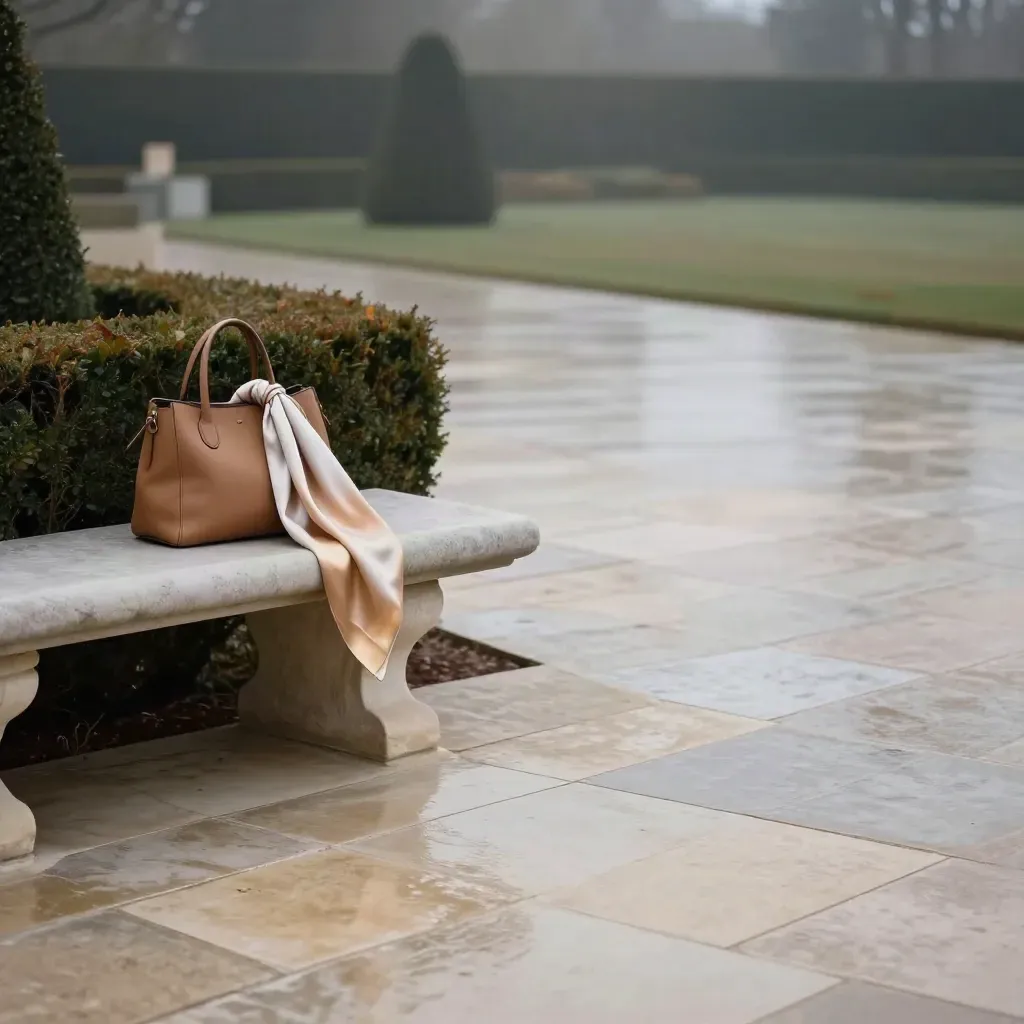 Leather bag and silk scarf on a stone terrace above misty hedges at blue hour.