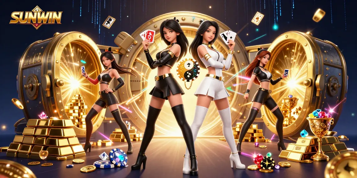 Experience thrilling gameplay with SUNWIN as twin Asian women showcase their poker prowess amidst a dazzling casino scene.