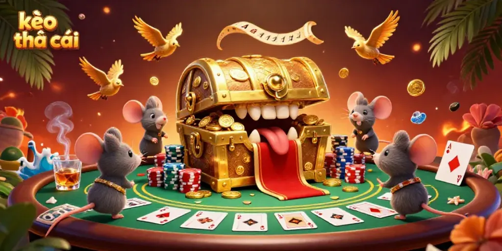 Engage with kèo nhà cái as adventurer mice are lured by a treasure chest filled with riches in a vibrant poker scene.