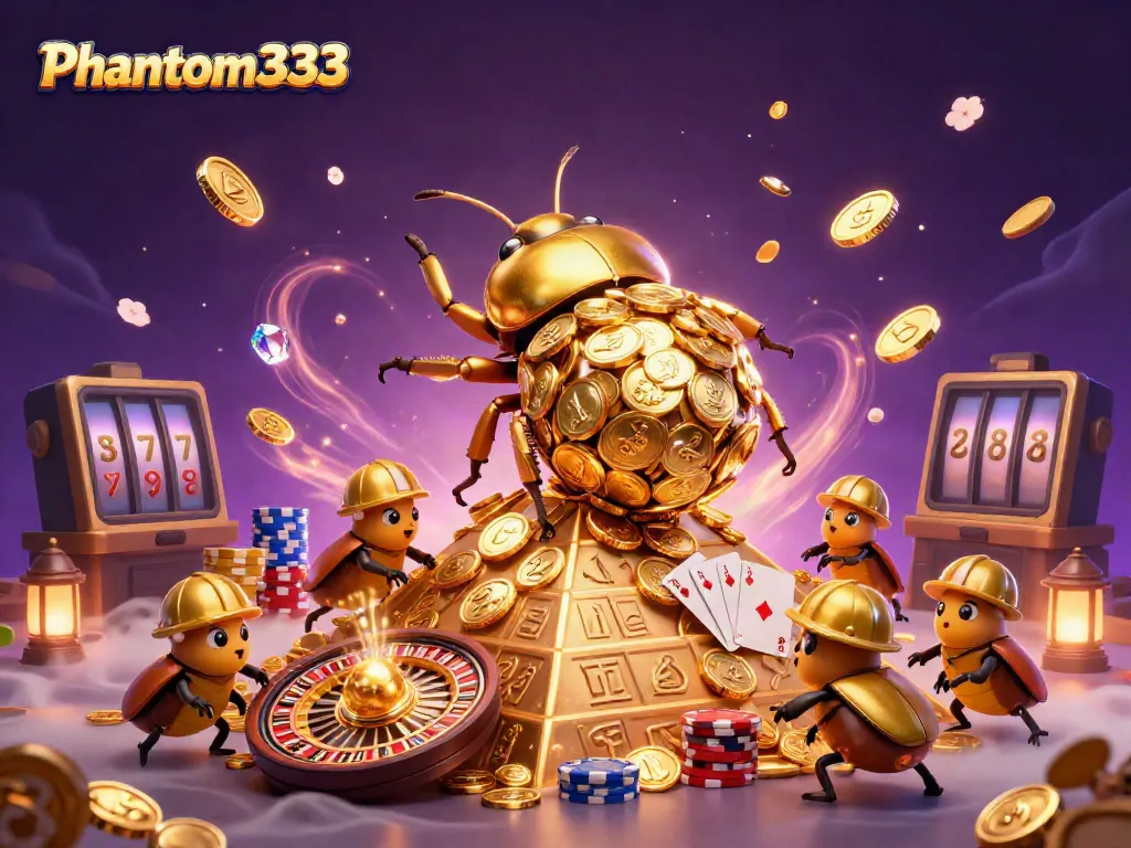 Experience engaging action with Phantom333 as gold coins sparkle and symbols of luck illuminate a thrilling casino scene.