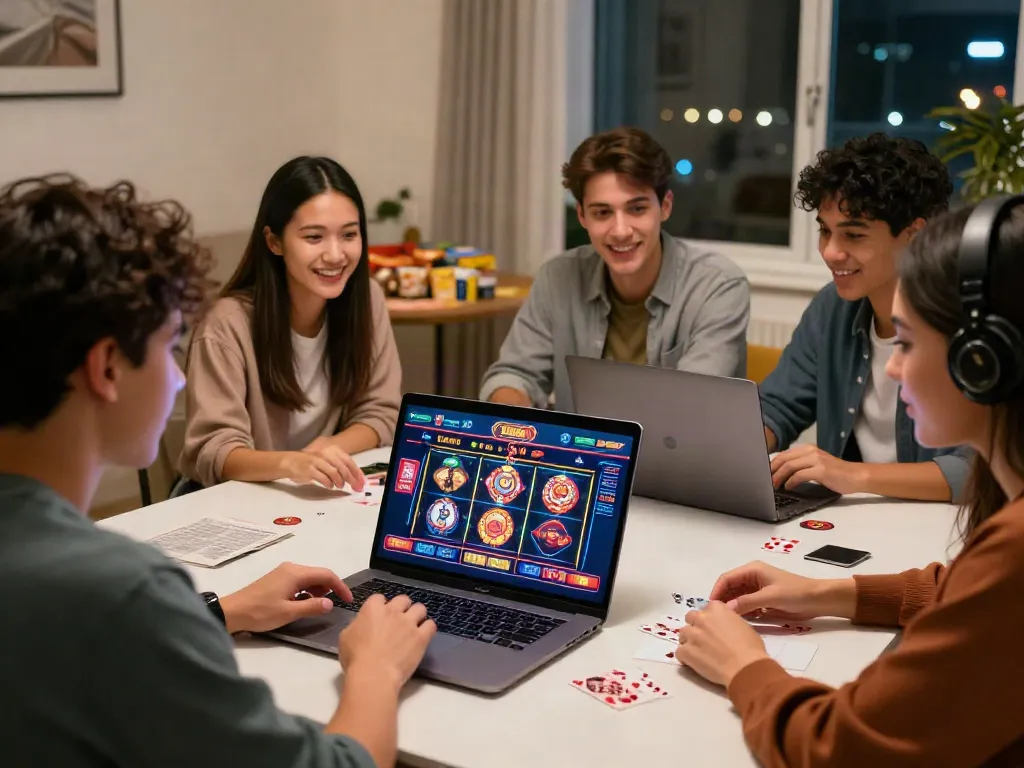 Friends enjoying an online gaming experience at https://lu88.vote/, featuring vibrant casino game displays and cozy home atmosphere.