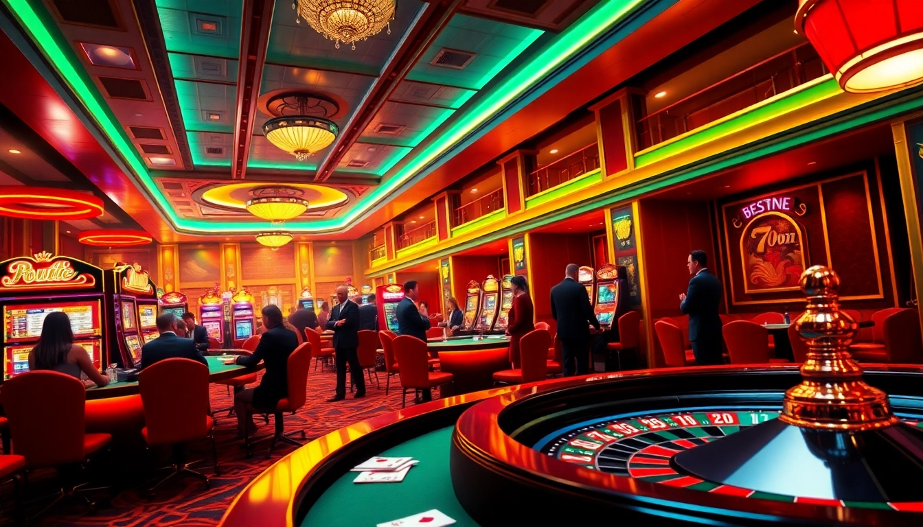 Exciting scene of players engaging in games at 789win casino, highlighting poker and slot machines.