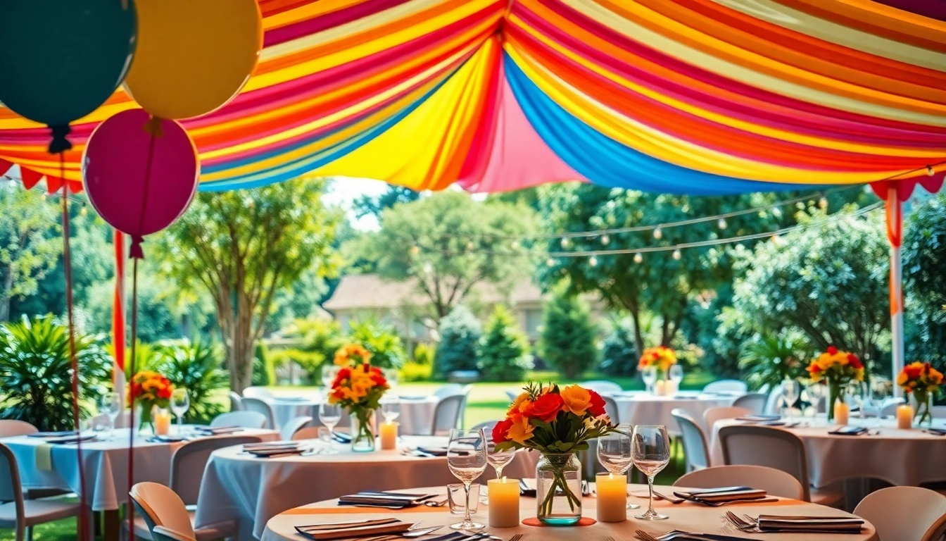 Enjoy vibrant Outdoor Party Rentals with beautifully decorated tables and a festive atmosphere.