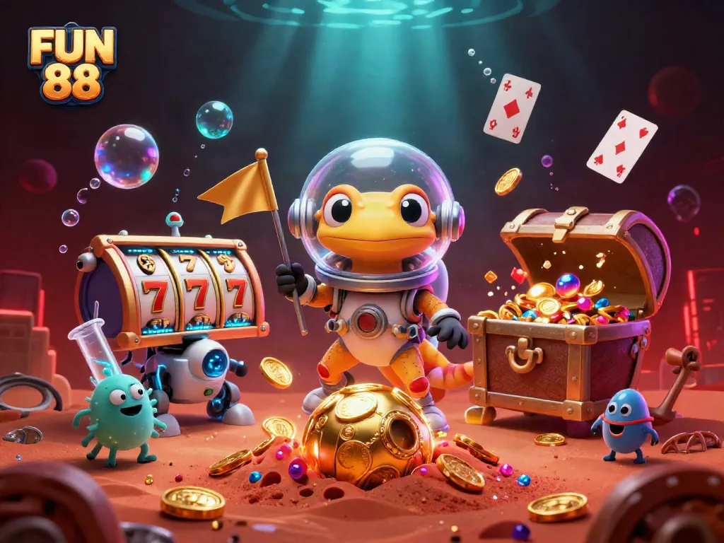 Engage with FUN 88 as a 3D cartoon Martian gecko uncovers a golden casino amid vibrant gaming elements.