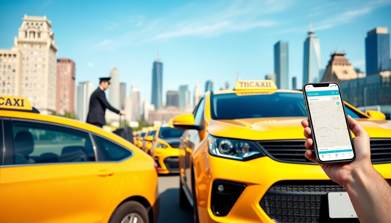 Minicabs awaiting passengers in a lively urban environment with a driver and luggage.
