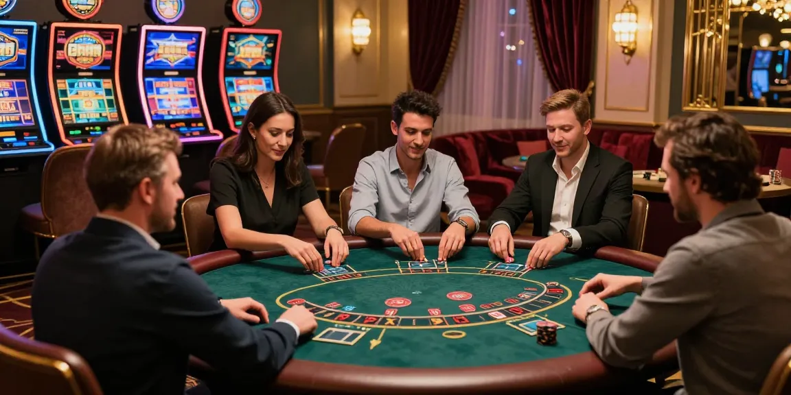 Players enjoying non UK casinos in a vibrant gaming room with lively atmosphere