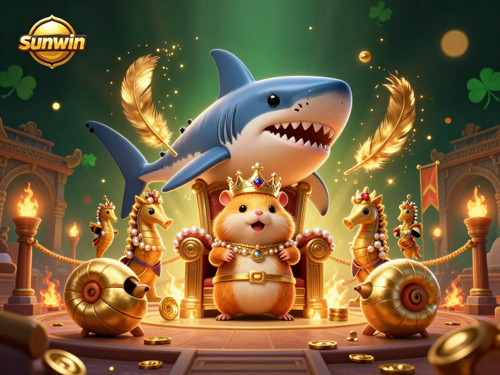 Experience the thrills of sunwin with our cartoon scene of a golden hamster king and royal guards!