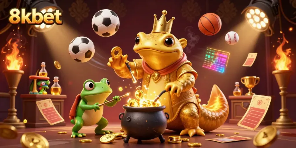 Experience dynamic betting action with 8xbet in an ultra-detailed 3D casino scene, featuring alchemists and sports motifs.