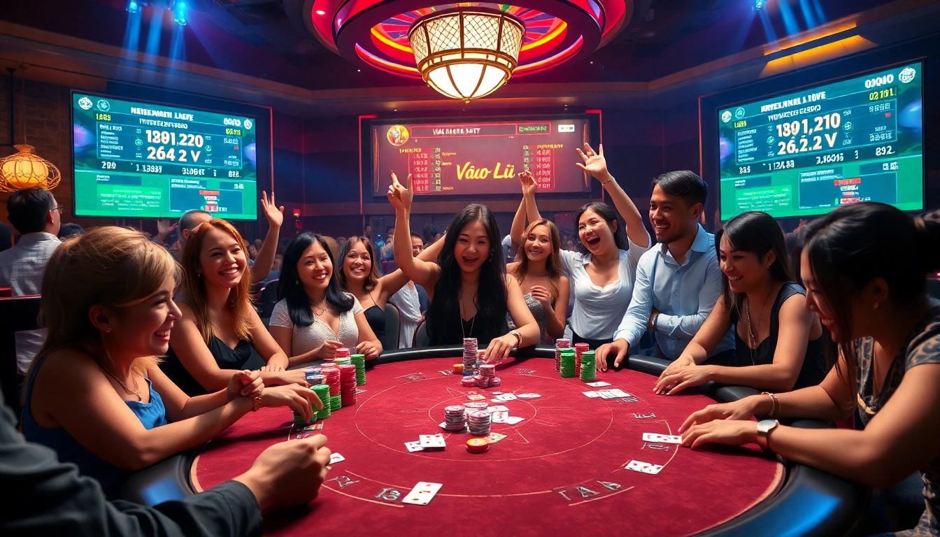 Thrilling poker action at a casino table with Vào Lưới TV odds displayed on screens, showcasing an exciting gambling atmosphere.