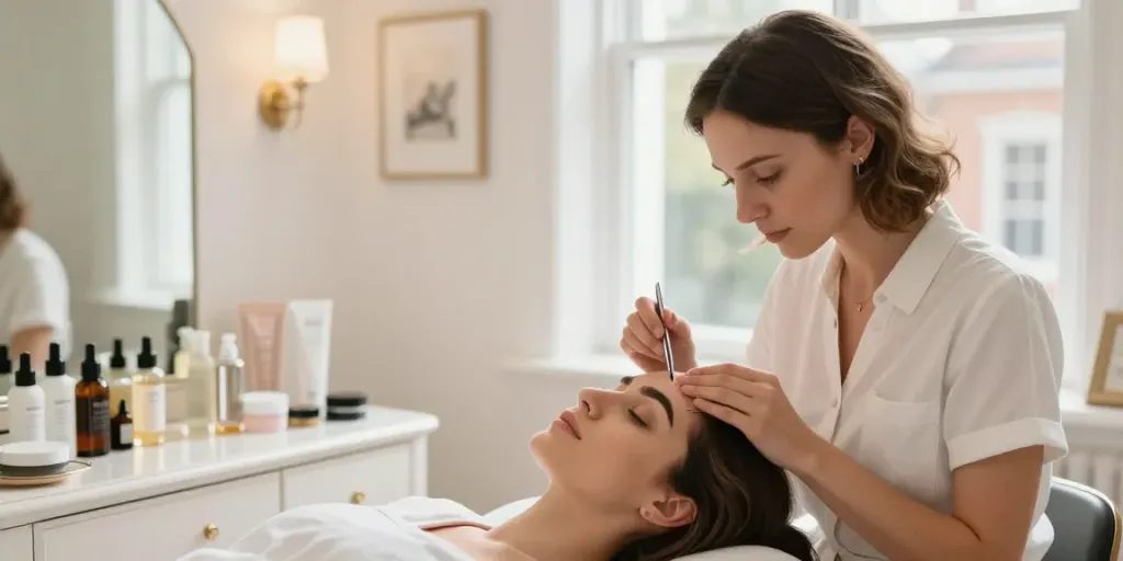Eyebrow Threading Colchester service in a beauty salon with a beautician threading a client's eyebrows.