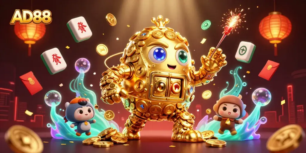 Experience thrilling action with AD88 as golden golems and exciting casino elements clash.