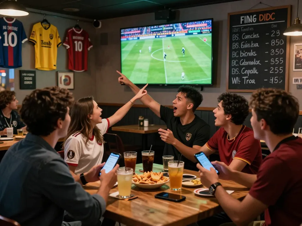 Excited friends enjoying a football match while checking 1gom betting odds at a sports bar.