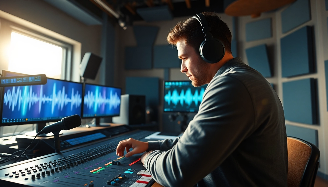 Engineer mastering audio in a digital studio, showcasing online audio mastering with professional equipment.