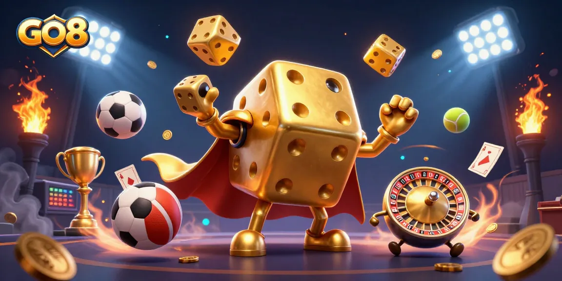 Engage with GO8's vibrant 3D casino scene, featuring a golden dice golem and dynamic sports elements.