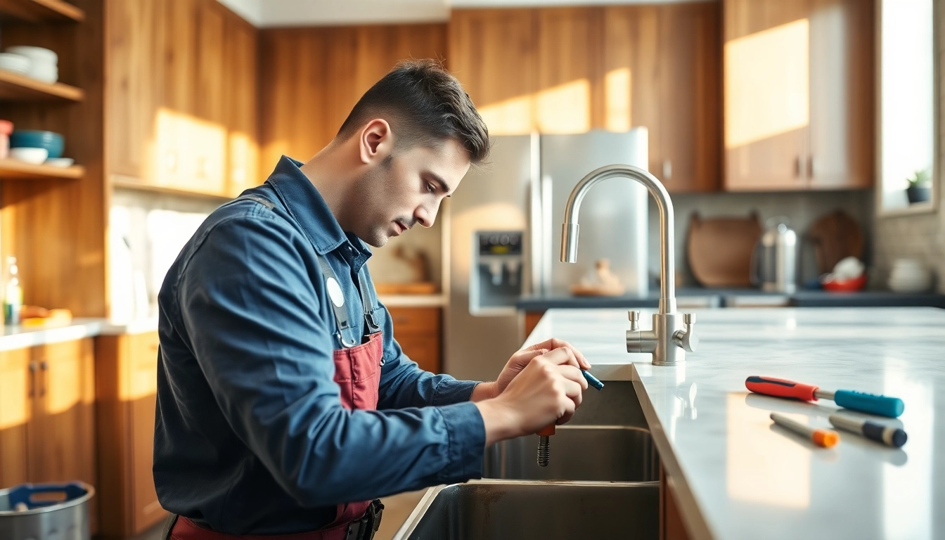 Trustworthy plumber near me diligently repairing a kitchen sink in a modern, well-lit environment.
