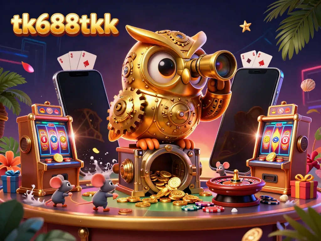 Experience the thrilling atmosphere at tk688tkk with a vivid illustration of casino games and joyous characters.