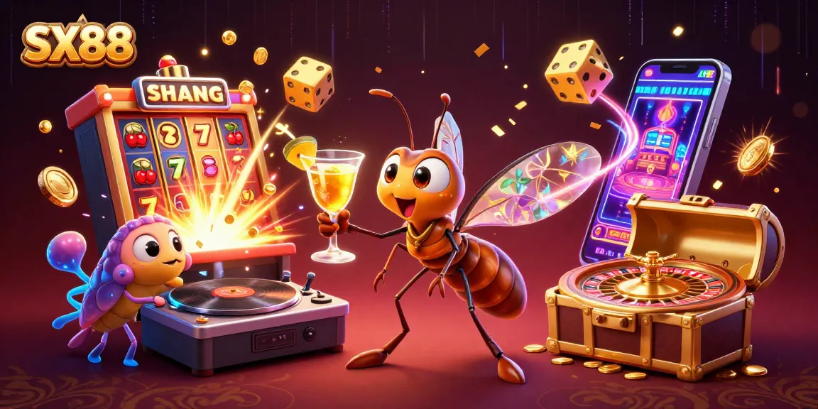 SX88 engages players with a vibrant casino scene featuring a charismatic mosquito mascot, lively DJ, and a golden roulette wheel.