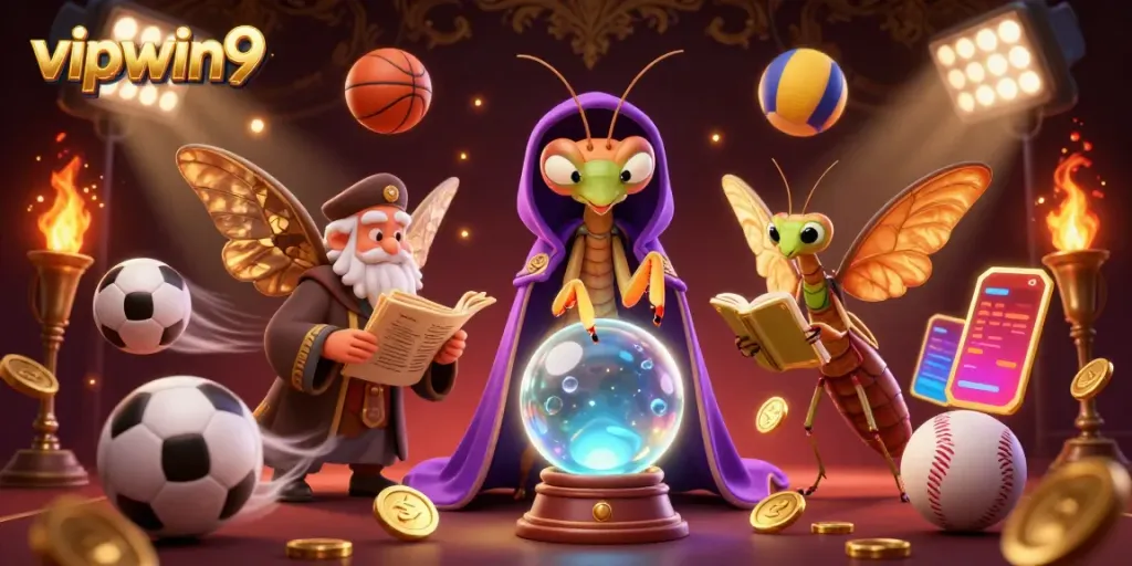 Engage with the vibrant world of vipwin9 featuring a mystical fortune teller and sports-themed elements.
