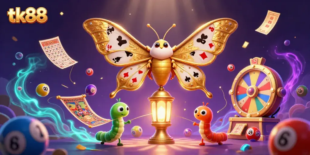 Engage with thrilling tk88 casino scenes, featuring vibrant lottery elements and a majestic moth.