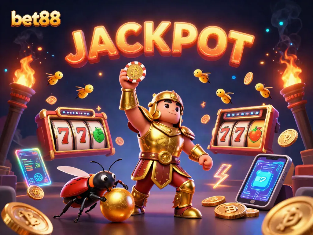 Engage with bet88's thrilling slots while witnessing victory with a herculean beetle.