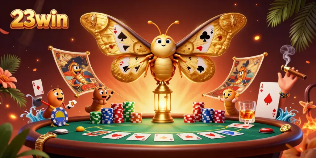 Score big with 23win at this vibrant casino scene featuring a stunning moth and poker elements.