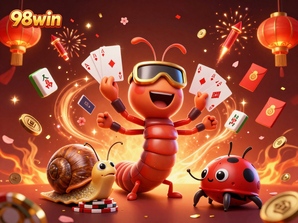Join the excitement at 98win with a vibrant casino scene featuring a millipede dealer and high-value chips.
