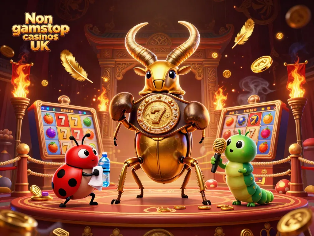 Vibrant scene of Non gamstop casinos UK with a giant golden stag beetle champion, a ladybug corner-man, and gambling elements.