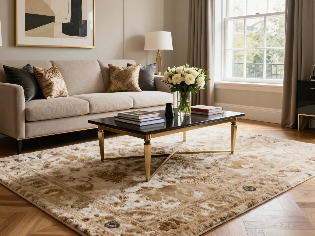 Elegant living room with luxury carpets London, plush sofa, and natural light.