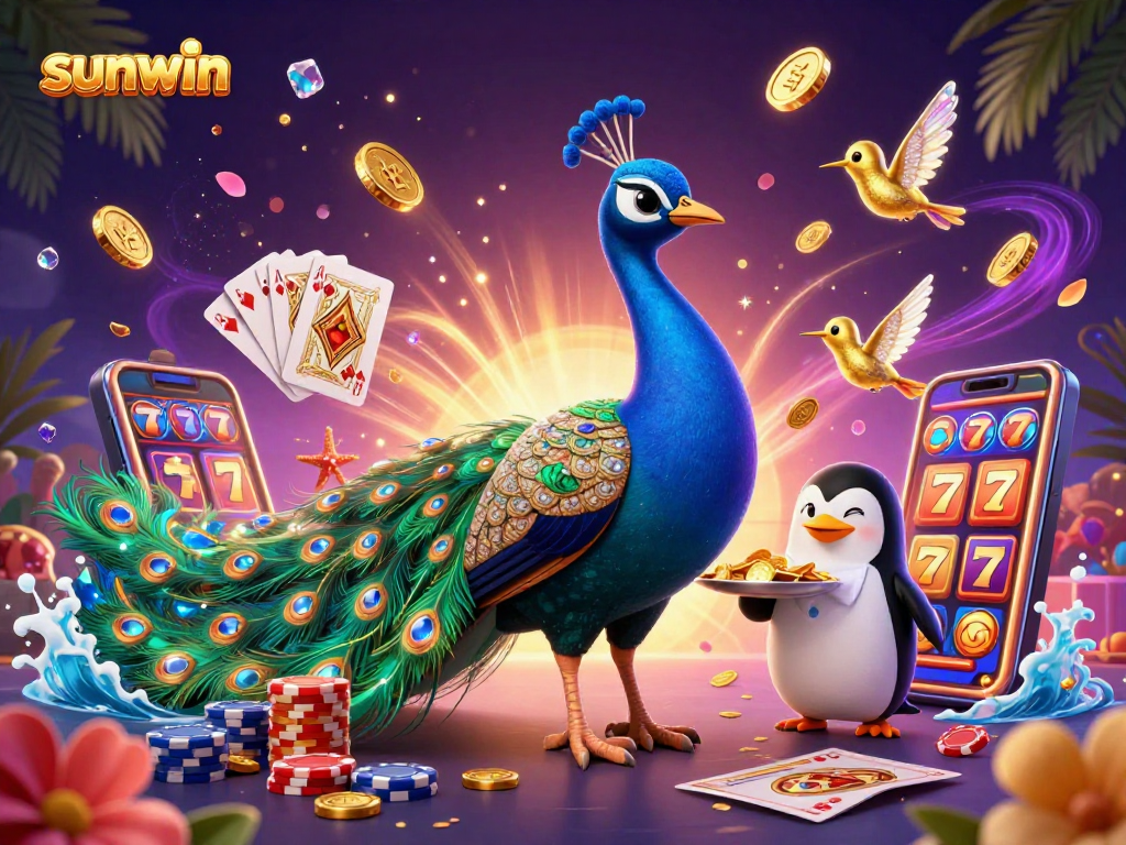Win big with sunwin in this vibrant casino scene featuring rich colors, dynamic characters, and exciting slot machine action.