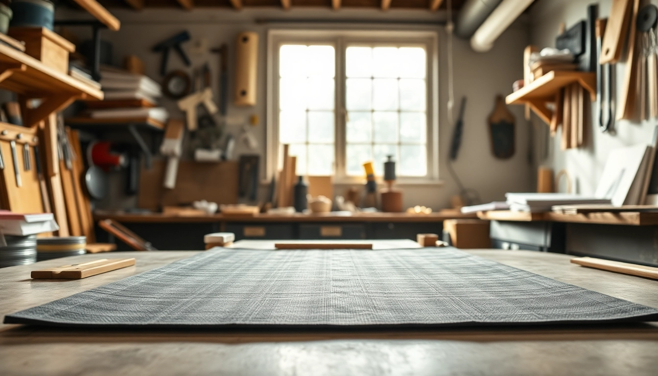 Showcasing 1708 fiberglass mat on a workbench with tools in a bright workshop setting.