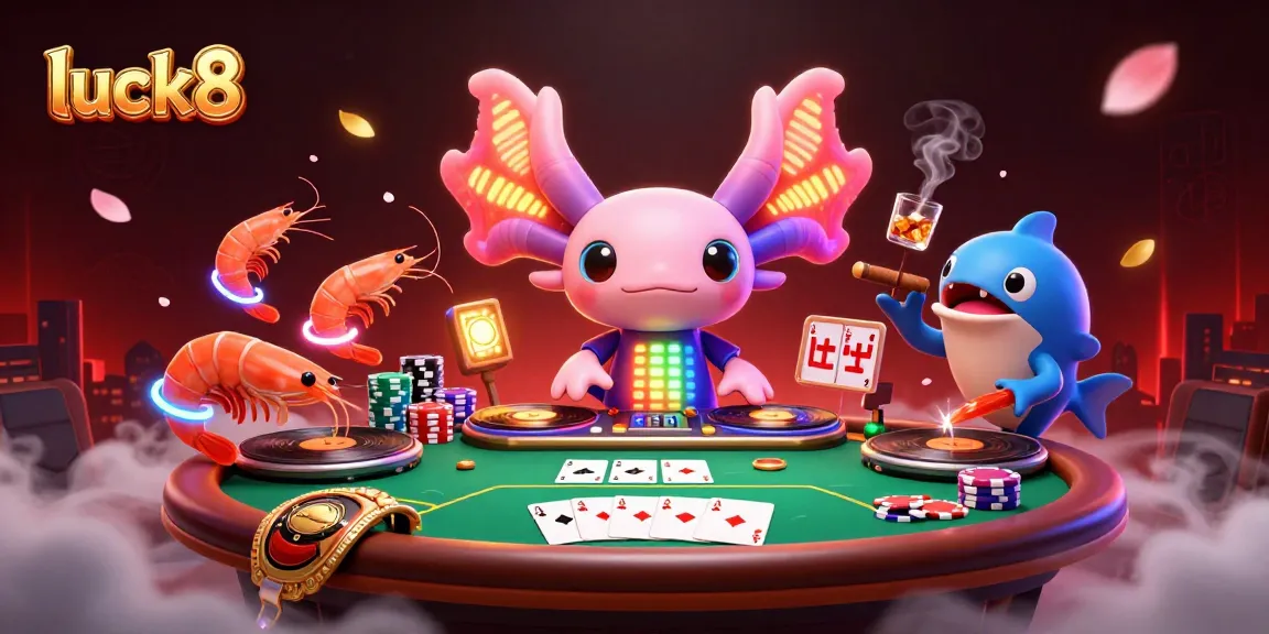 Luck8 energizes poker games with a vibrant DJ axolotl and lively sea creatures.