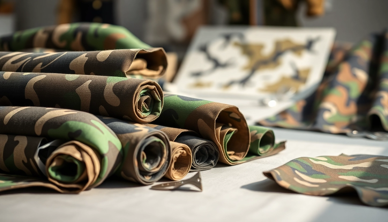 Bekijk verschillende camouflage stoffen en patroondetails op een naaiafel.