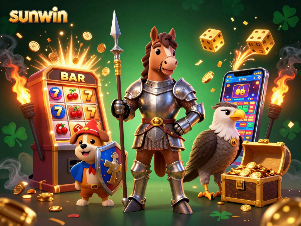 Experience thrilling wins with Sunwin’s vibrant casino atmosphere featuring a medieval knight and slot machine.