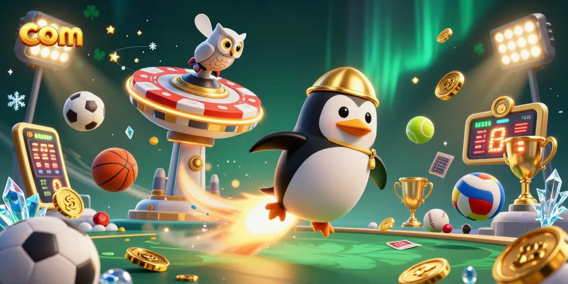 Experience thrilling bets at com with a golden penguin racing towards a casino wonderland.