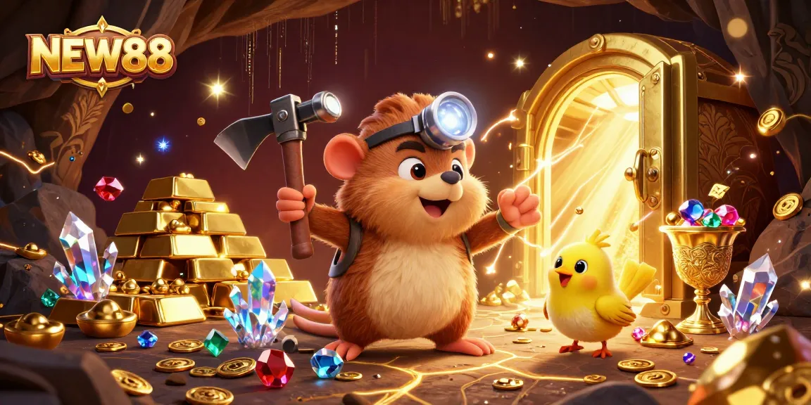 Experience the thrill of NEW88 with treasure hunter characters in a vibrant casino-themed illustration.