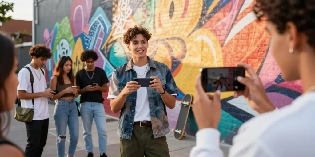 Urban influencer engaging with followers, showcasing trendy fashion; look at this vibrant scene.