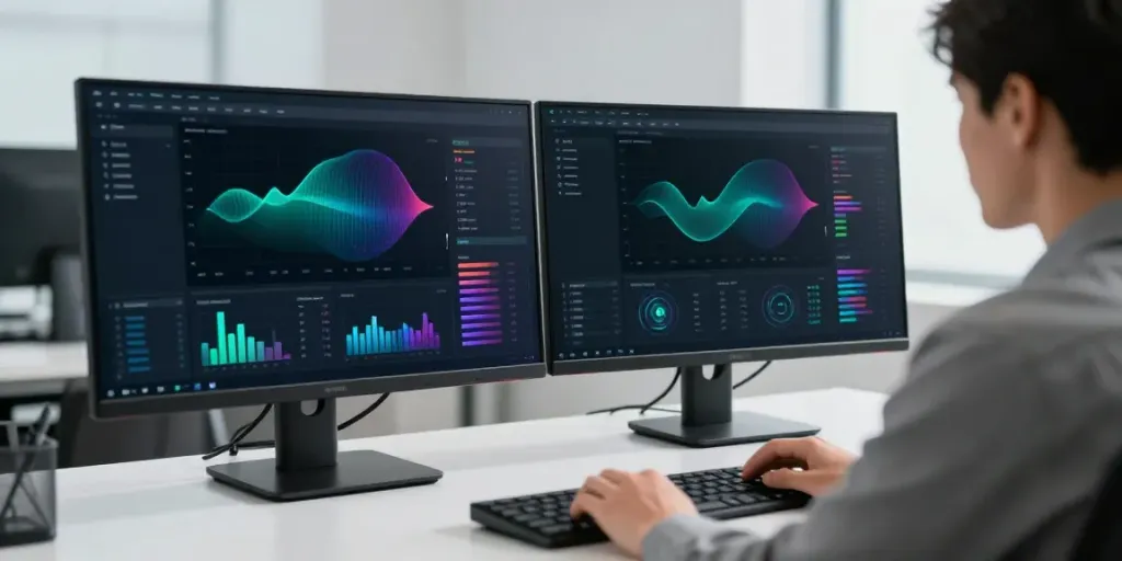 vulnerability assessment tools in a cybersecurity analyst workspace with dual monitors