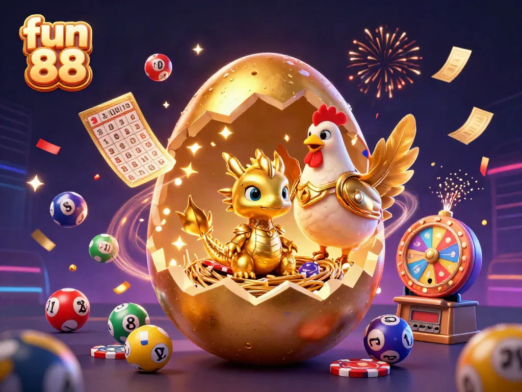 Engaging fun 88 scene featuring a golden dragon emerging from chips, lottery balls, and vibrant game elements.