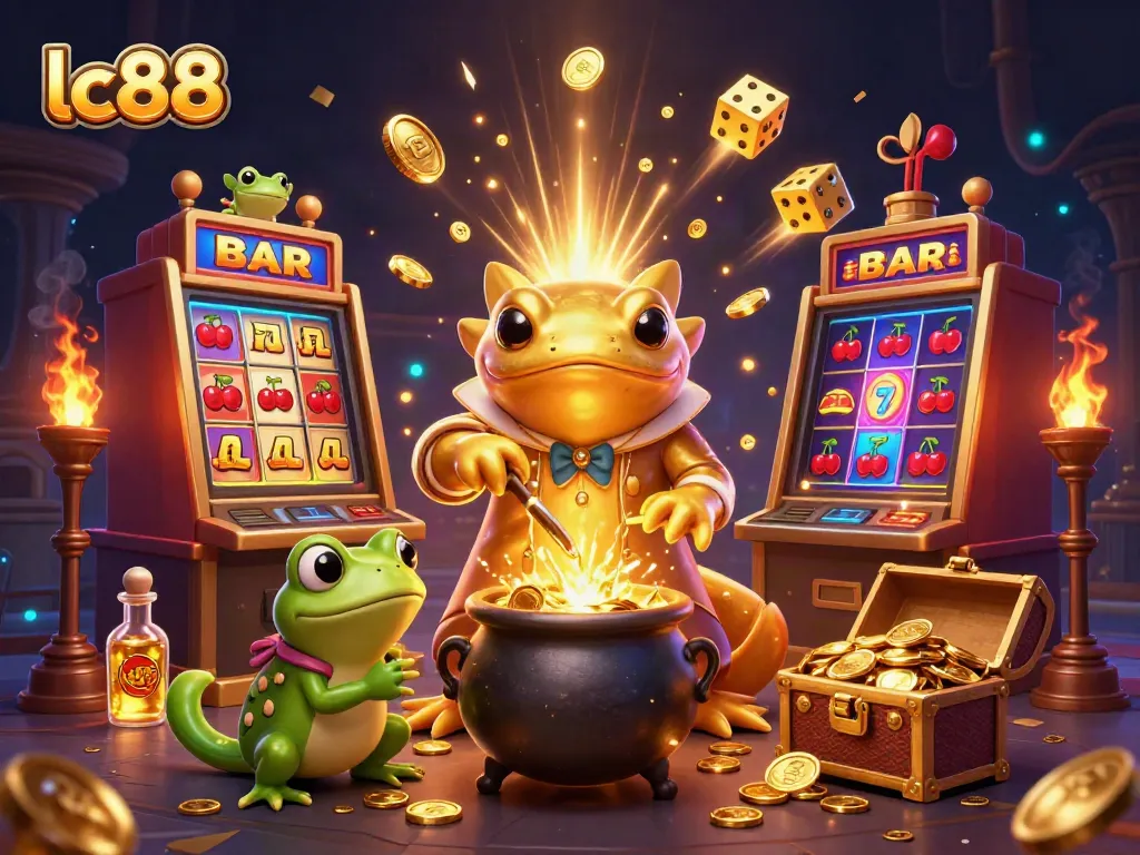 Experience thrilling jackpots with lc88's vibrant casino scene featuring gold coins, slot machines, and magical elements.
