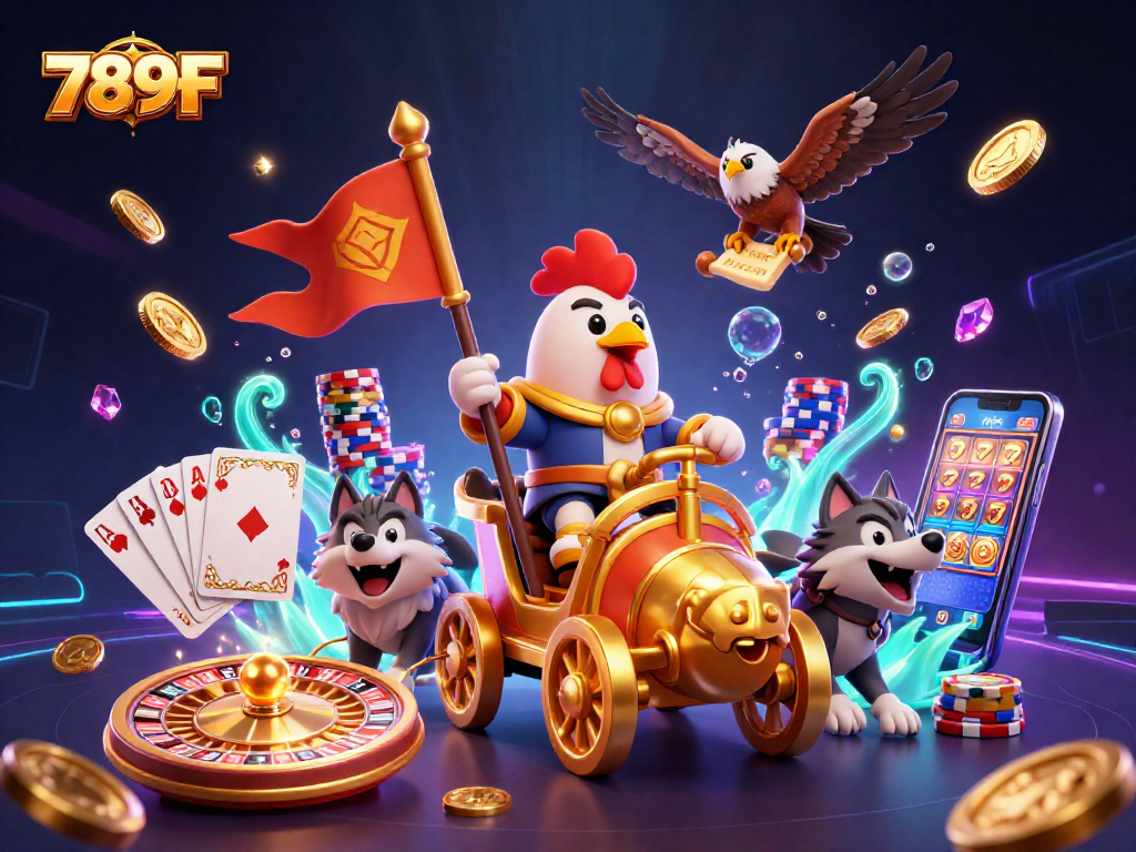 Experience the thrill of 789F with vibrant casino elements featuring a rooster warlord and spinning roulette.