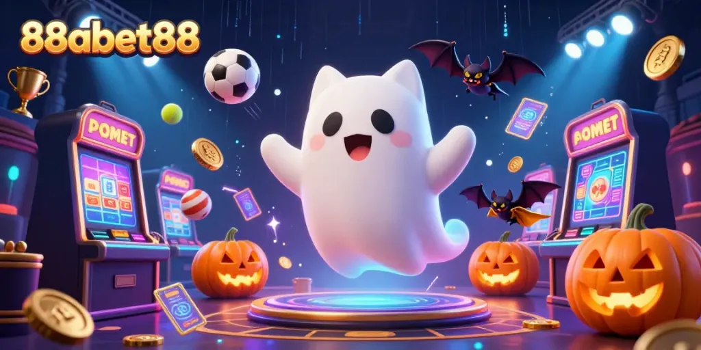 88abet88 welcomes players with a lively ghost cat character in a haunted casino filled with gaming elements.