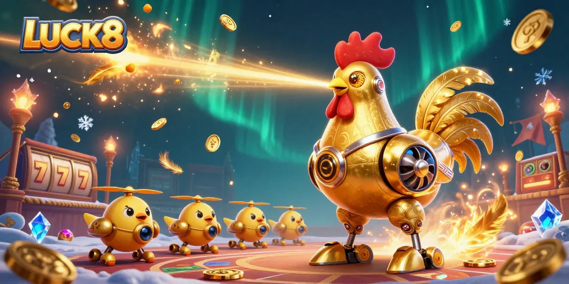 Engage with LUCK8's vibrant 3D casino scene of a golden rooster robot amidst thrilling slot elements.