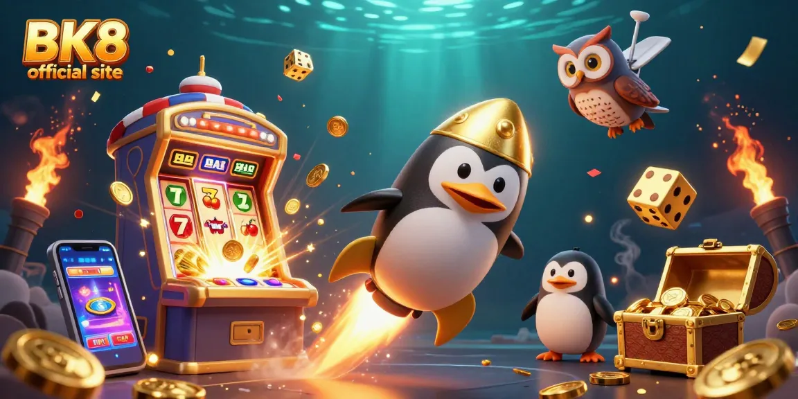 Play games on the BK8 official site with a vibrant illustration of a rocket-powered penguin heading to a casino.