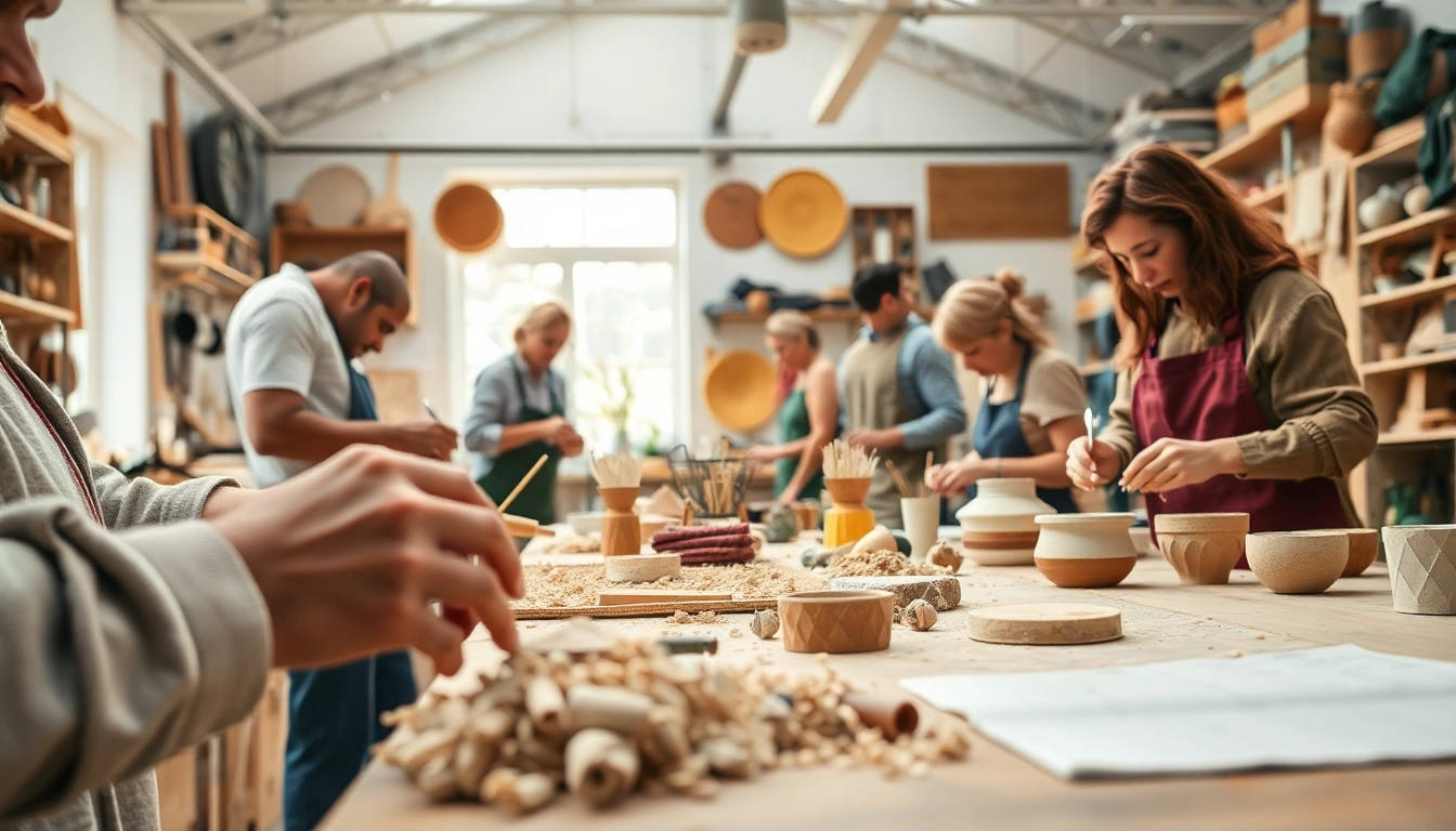 Engage in craft training programs in a bright workshop setting with artisans showcasing skills.