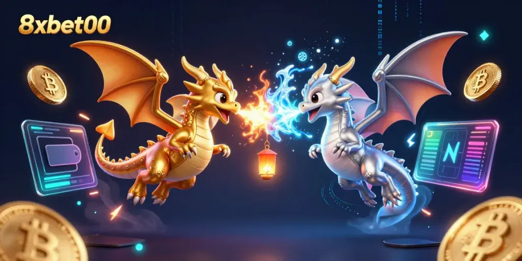 Experience thrilling gaming at 8xbet00 with dynamic dragons and vibrant crypto elements.